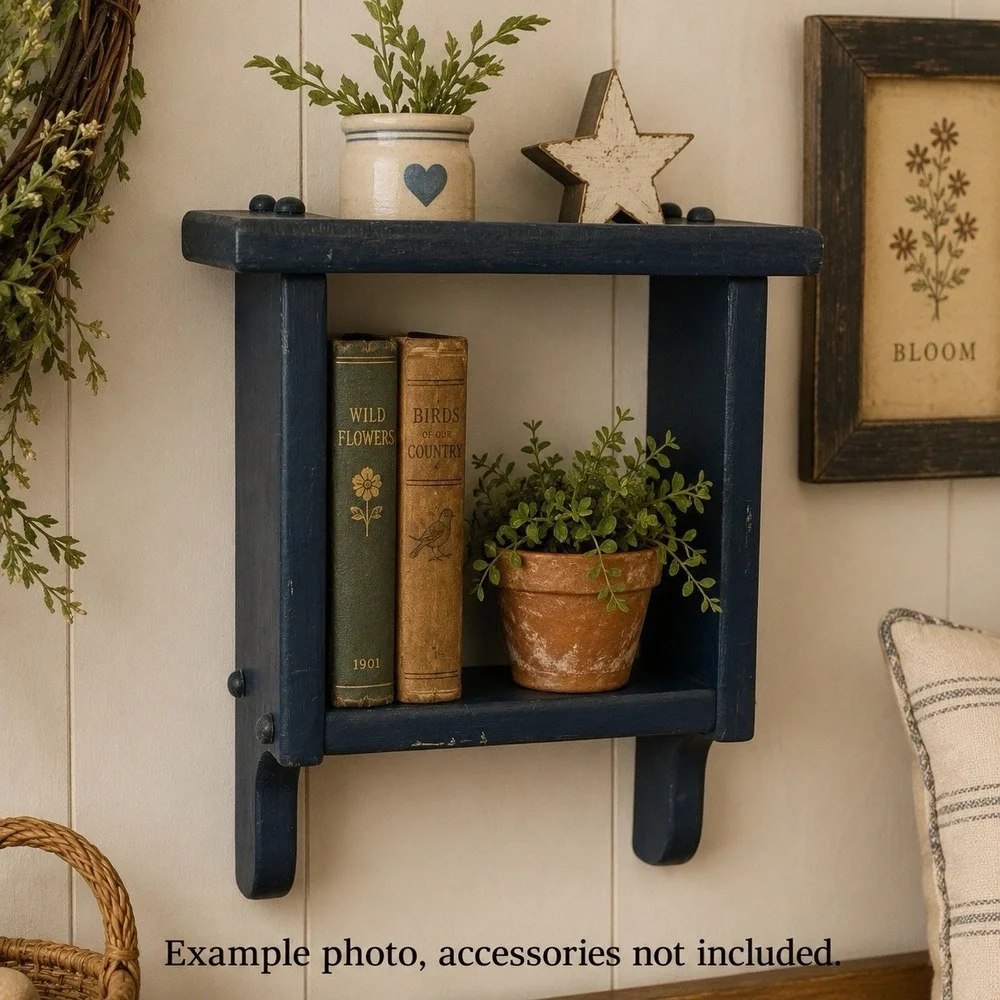 Primitive Folk Art Wooden Trinket Wall Shelf 2 Tier Navy Blue Country Cottage